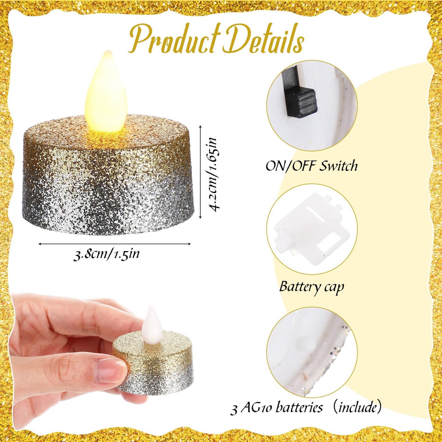 Retisee 48Pcs Flameless LED Tea Lights Glitter Electric Fake Candles for Centerpieces Battery Operated Anniversary Romantic Winter Decor for Wedding Christmas Birthday (Gold,Silver,1.65 Inch)