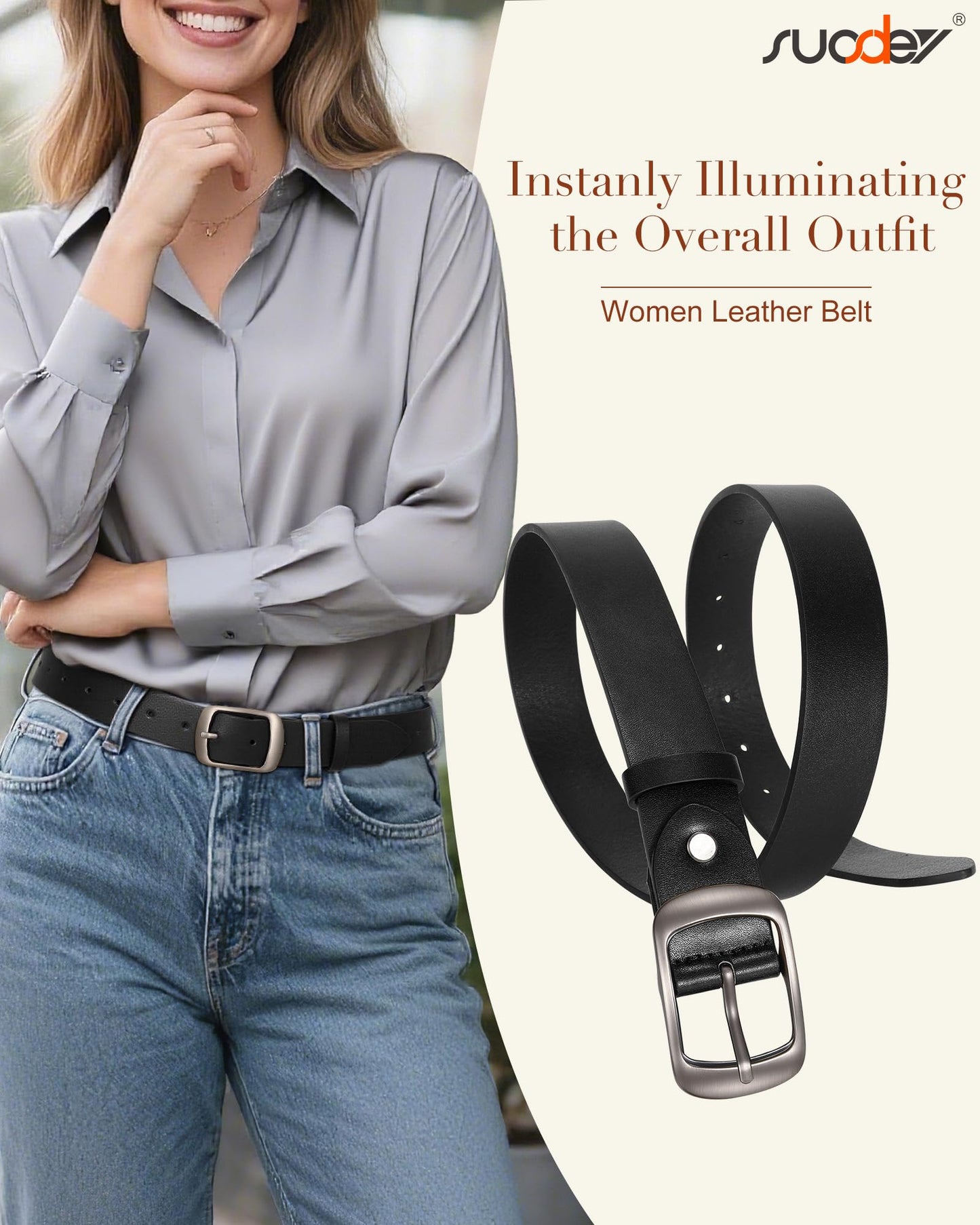 SUOSDEY 2 Pack Womens Genuine Leather Belts, Waist Belt with Pin Buckle for Jeans Pants,black and coffee,width 1.3'',Small: fits waist from 25''-30''