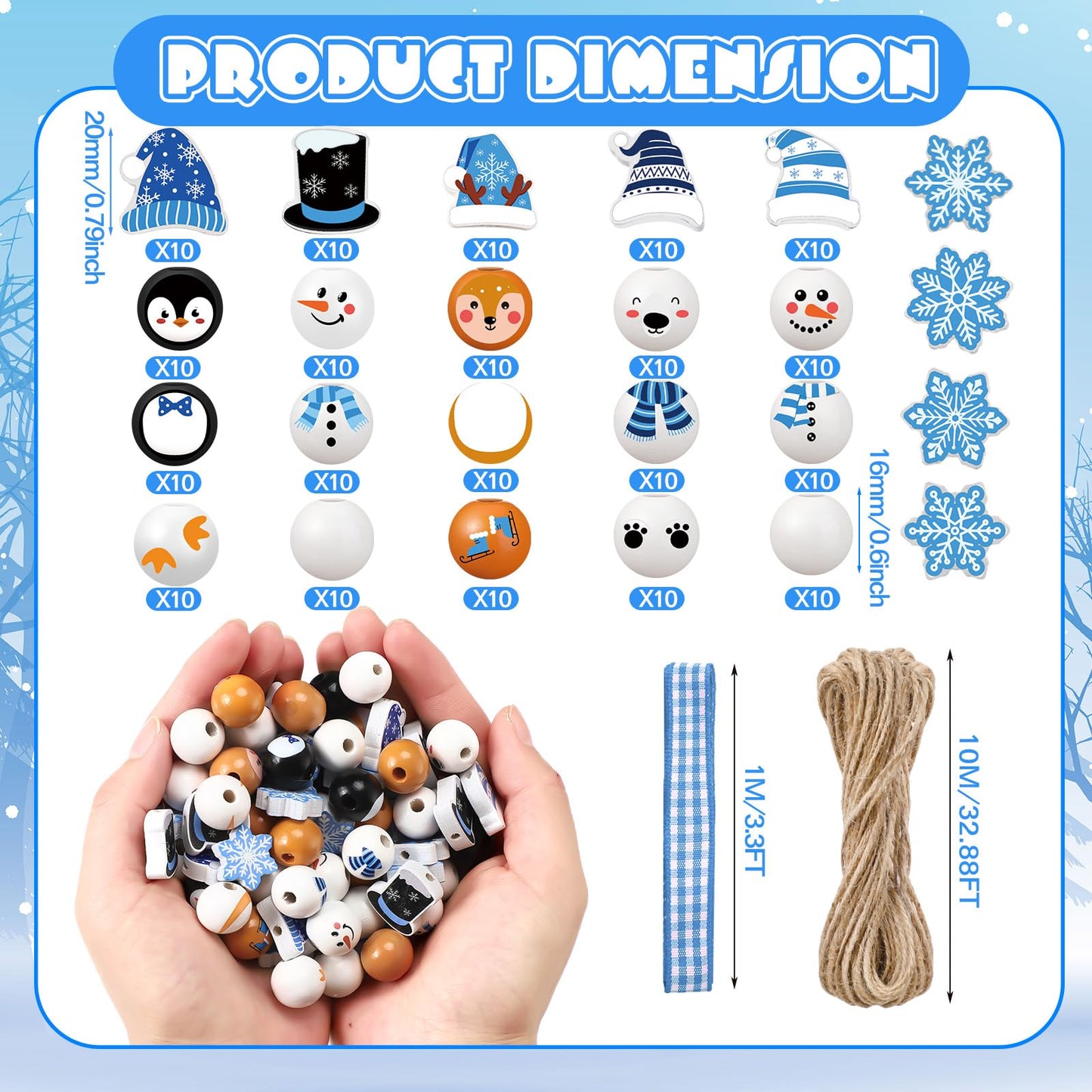 Cinnvoice 240 Pcs Summer Christmas in July Wood Beads with Twine Snowman Gingerbread Man Nutcracker Wooden Bead Garland DIY Crafts Round Beads for Xmas Party Decor(Classic Winter)