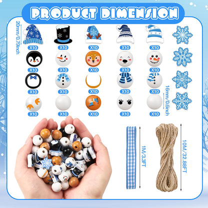 Cinnvoice 240 Pcs Summer Christmas in July Wood Beads with Twine Snowman Gingerbread Man Nutcracker Wooden Bead Garland DIY Crafts Round Beads for Xmas Party Decor(Classic Winter)