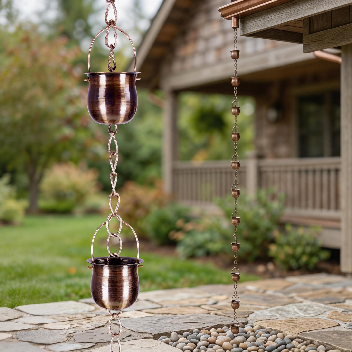 TZSSP 7.9FT Rain Chain for Gutters Downspouts, Heavy Duty Weatherproof Metal Rain Catcher, 11 Pot Cups Decorative Functional Outdoor Replacement