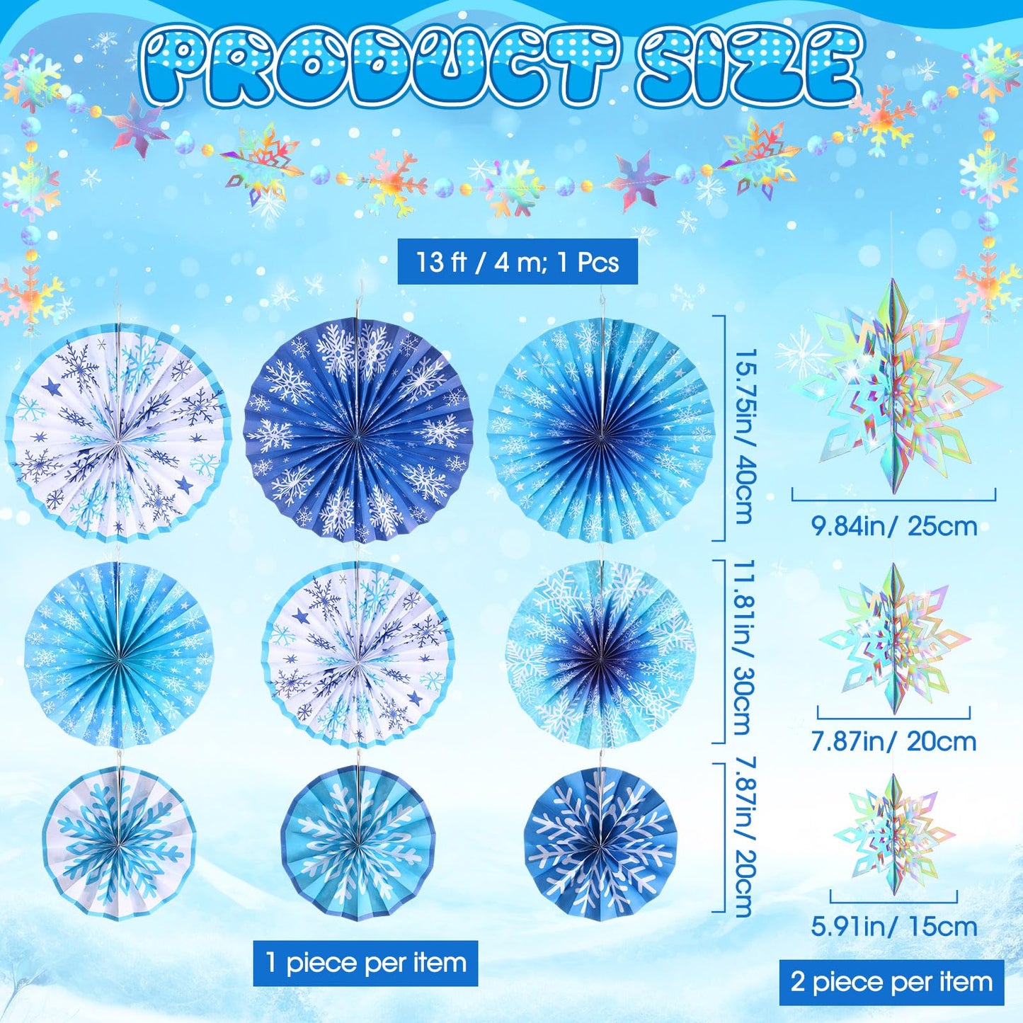 Outus 16 Pcs Snowflake Hanging Decorations Winter Paper Fans Blue Winter Paper Garland 3D Holographic Snowflakes for Xmas Wonderland Birthday Party Ceiling Wall Supplies Decoration