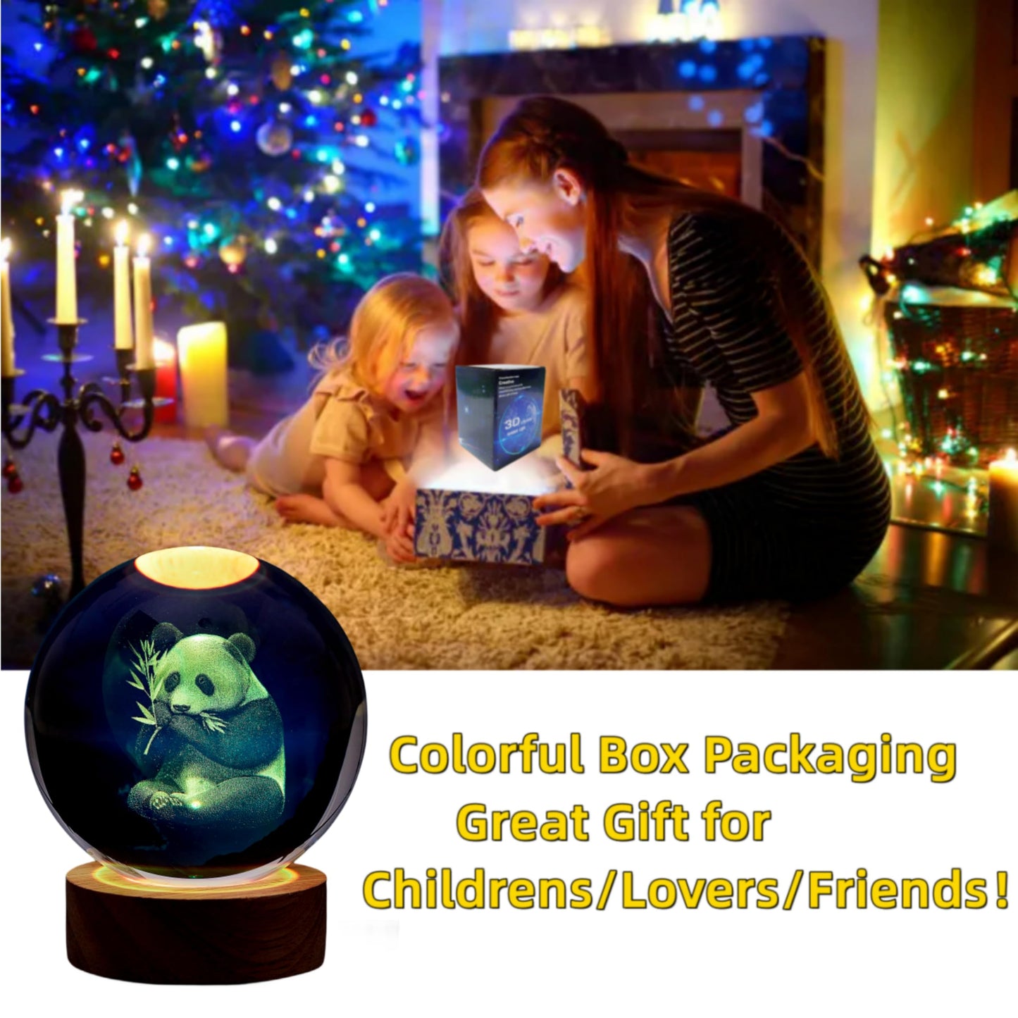 Panda Crystal Ball Lamp,3.15 inch 3D K9 Crystal Ball Panda Night Light,16 Colors Changing Light,Dimmable Remote Control,Panda Lamp Gift (L)