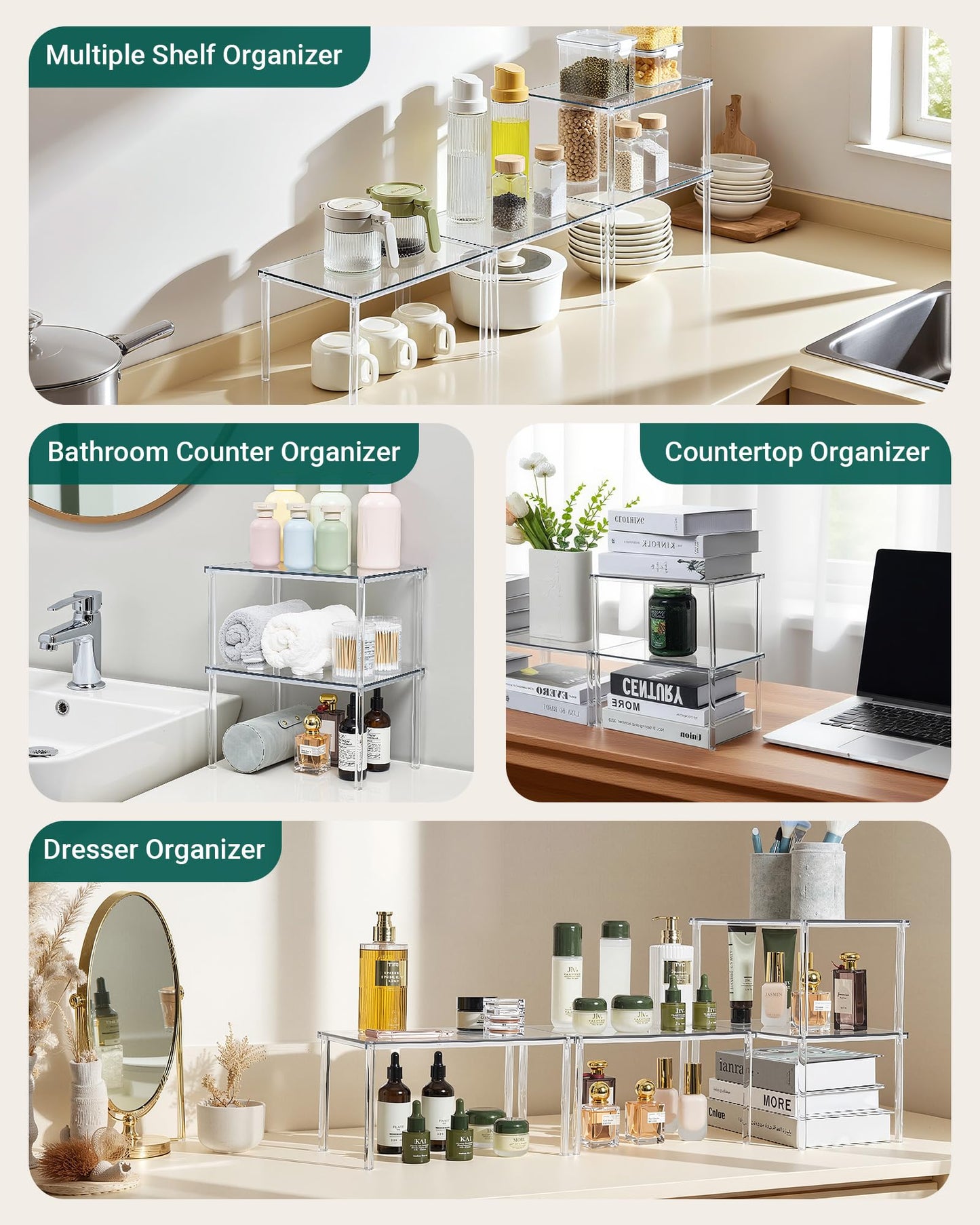 Bobomoment Acrylic Cabinet Organizer, Set of 4 Spice Rack Organizer for Cabinet, Desk Countertop Shelf Organizer, Pantry Kitchen Storage and Organization, Stackable Shelves House Essentials for Gift