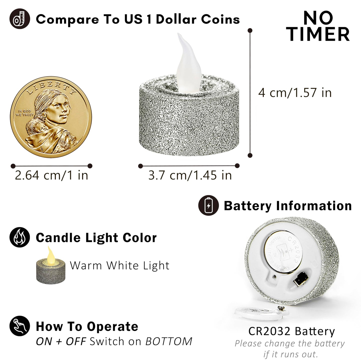 FURORA LIGHTING Silver Glitter Flameless Tealights - 1.45" W x 1.57" H, 12-Pack, Batteries Included