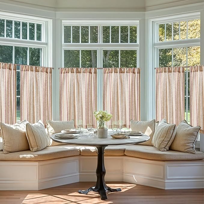 jinchan Colorful Striped Linen Kitchen Curtains 36 Inch Christmas Tier Curtains Farmhouse Modern Cafe Small Window Treatments Light Filtering Rod Pocket for Living Room Bathroom 2 Panels Multi Red