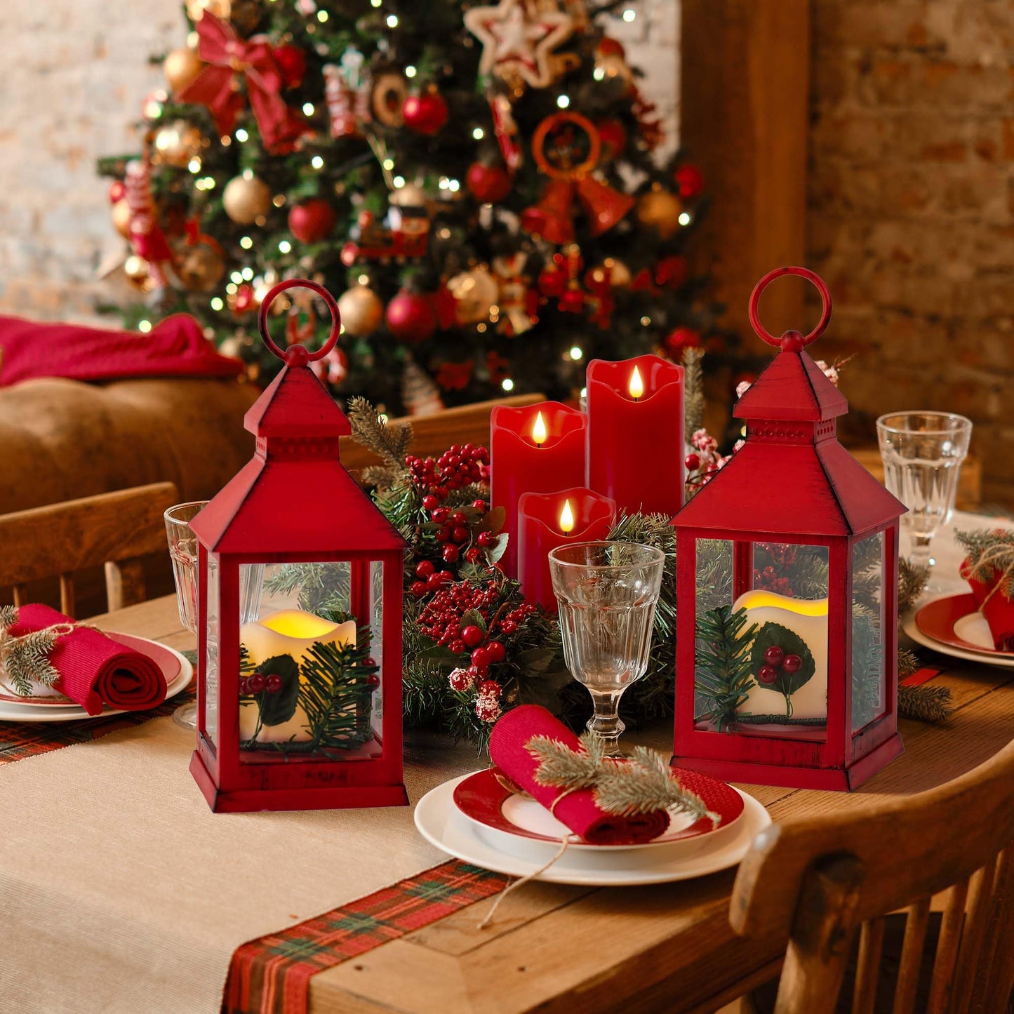 Yongmao Christmas Lantern Decorative with LED Candle, Pine Holly Berry Red Decorative Hanging Lanterns for Indoor Outdoor Garden Christmas Home Decor(2 Pack)