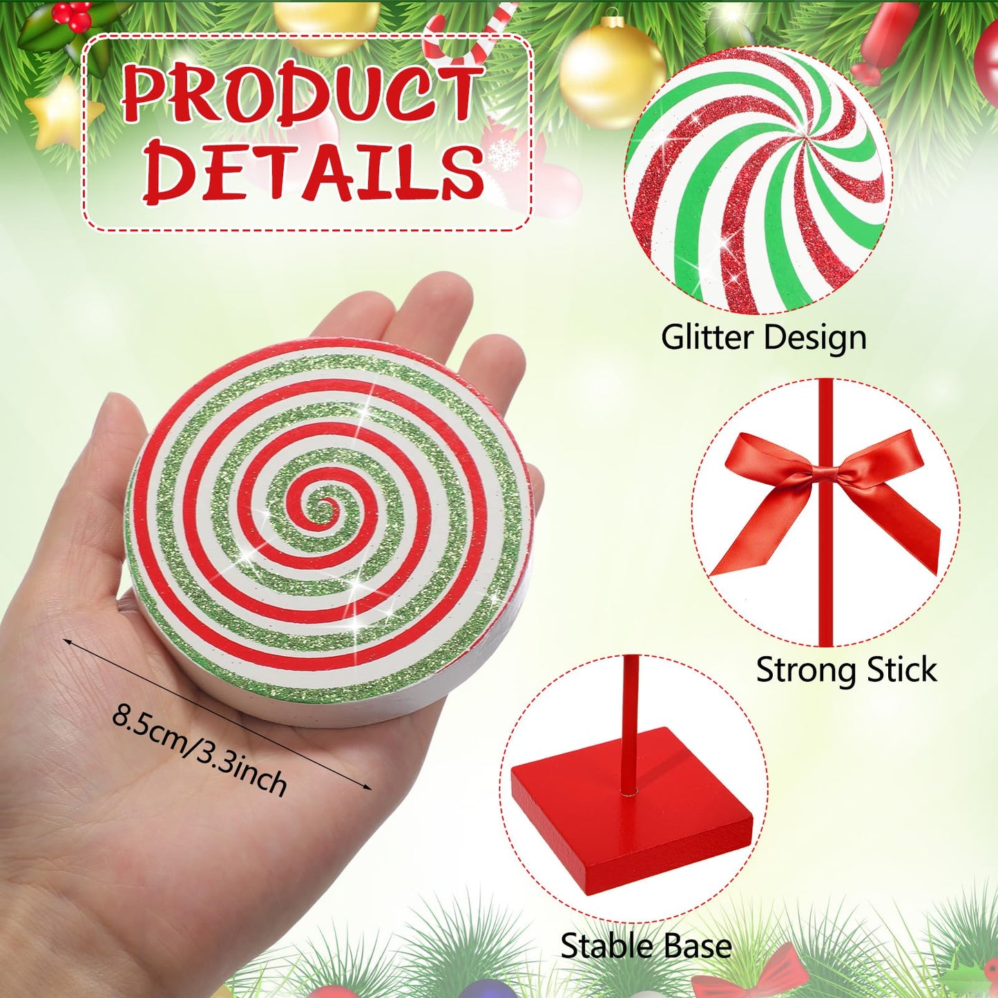 Amyhill 8 Pcs Christmas Candy Wooden Tabletop Decor Glitter Xmas Candy Cane Table Centerpiece Sign for Christmas Tiered Tray Home Desk Office Party Decoration(Exquisite,Red,Green)