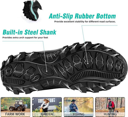 Rubber Boots for Women - Waterproof Insulated Mud Rain Boots with Steel Shank | Anti-Slip Outdoor Work Boots, Size 6-11
