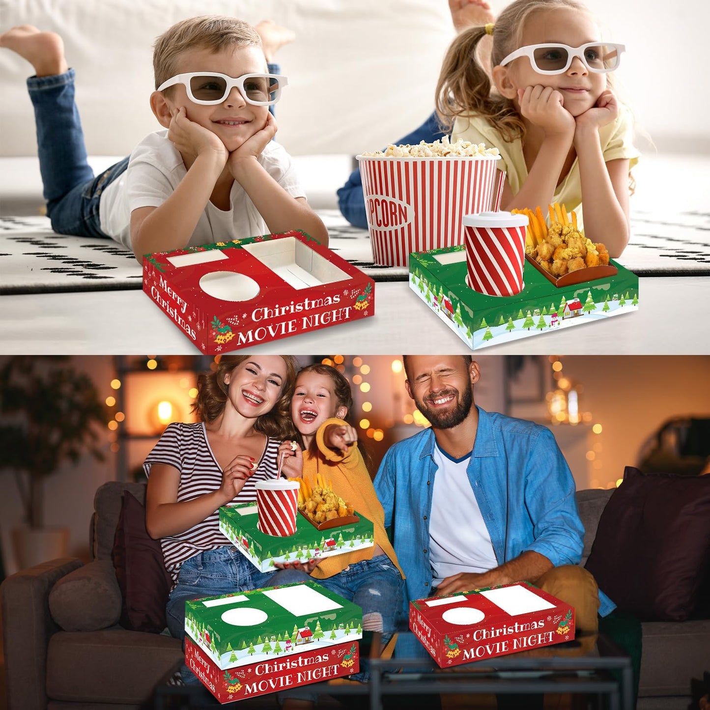QOUBAI 32Pcs Christmas Party Supplies Movie Night Paper Snacks Boxes Xmas Santa Snowman Cinema Movie Theater Snack Tray Party Decorations Popcorn Drink Holder Set for Holiday Birthday Holiday