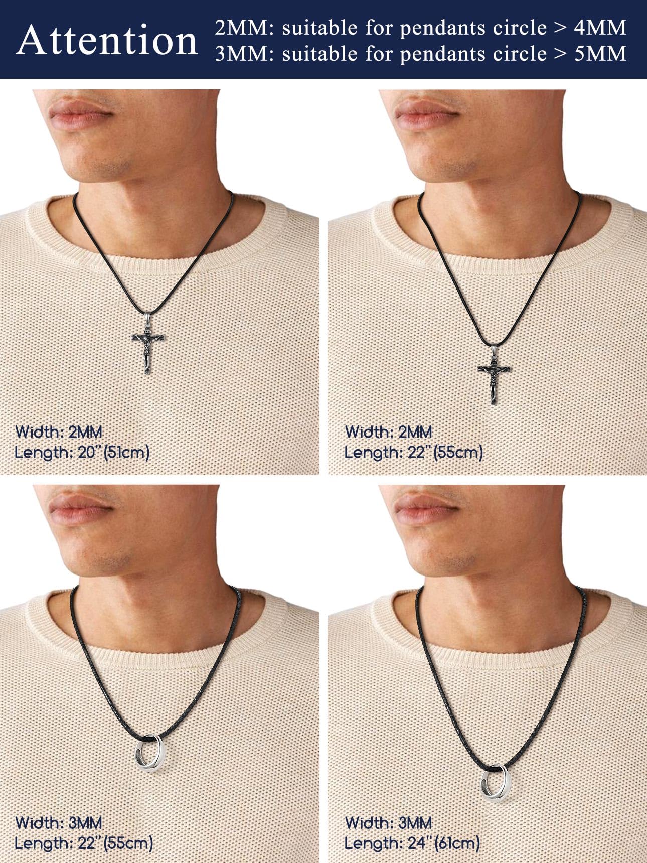 Waterproof Braided Choker Cord, Black Leather Chain With Stainless Steel Snap Clasp - Unisex Necklace, 18 inch