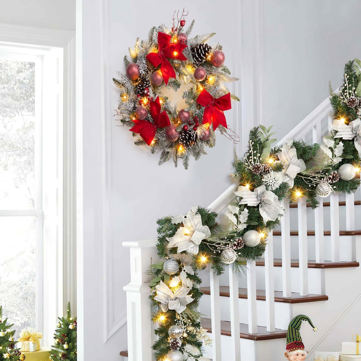 LinTimes 6 FT Pre-Lit Christmas Garland, Silver Lighted Xmas Garland with 20 LED Lights with Timer for Mantle Staircase Table, Winter Garland with Ribbon, Xmas Balls, Snowflake, Battery Operated