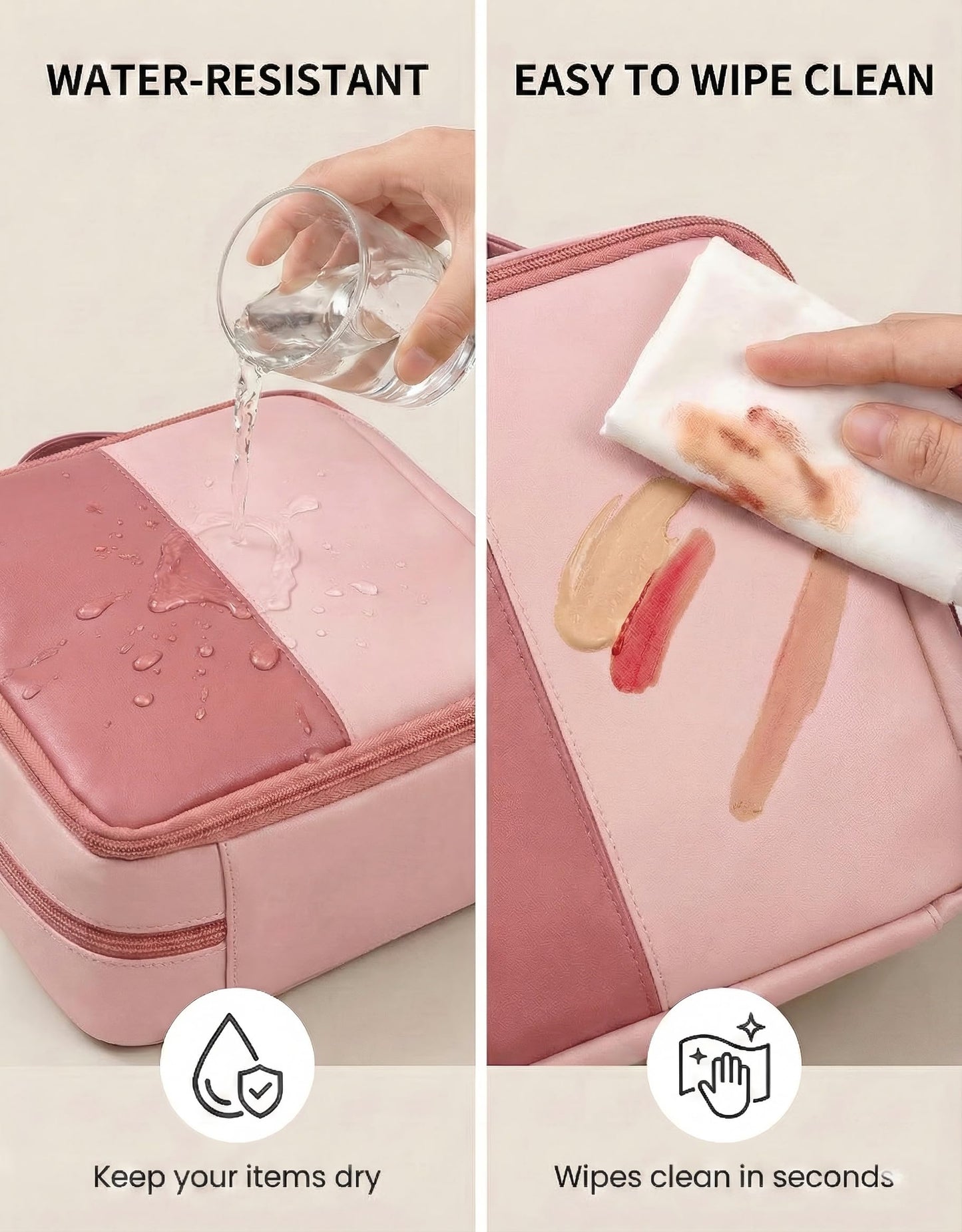 Lucatherine Large Standing Makeup Bag, Sturdy PU Leather Cosmetic Organizer with Fold-Down Phone Tray, Waterproof Travel Toiletry Case with Wipeable TPU Brush Holder, 9.5 Inch, Pink