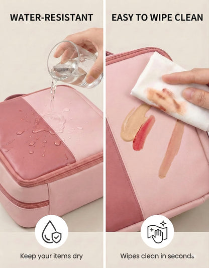 Lucatherine Large Standing Makeup Bag, Sturdy PU Leather Cosmetic Organizer with Fold-Down Phone Tray, Waterproof Travel Toiletry Case with Wipeable TPU Brush Holder, 9.5 Inch, Pink