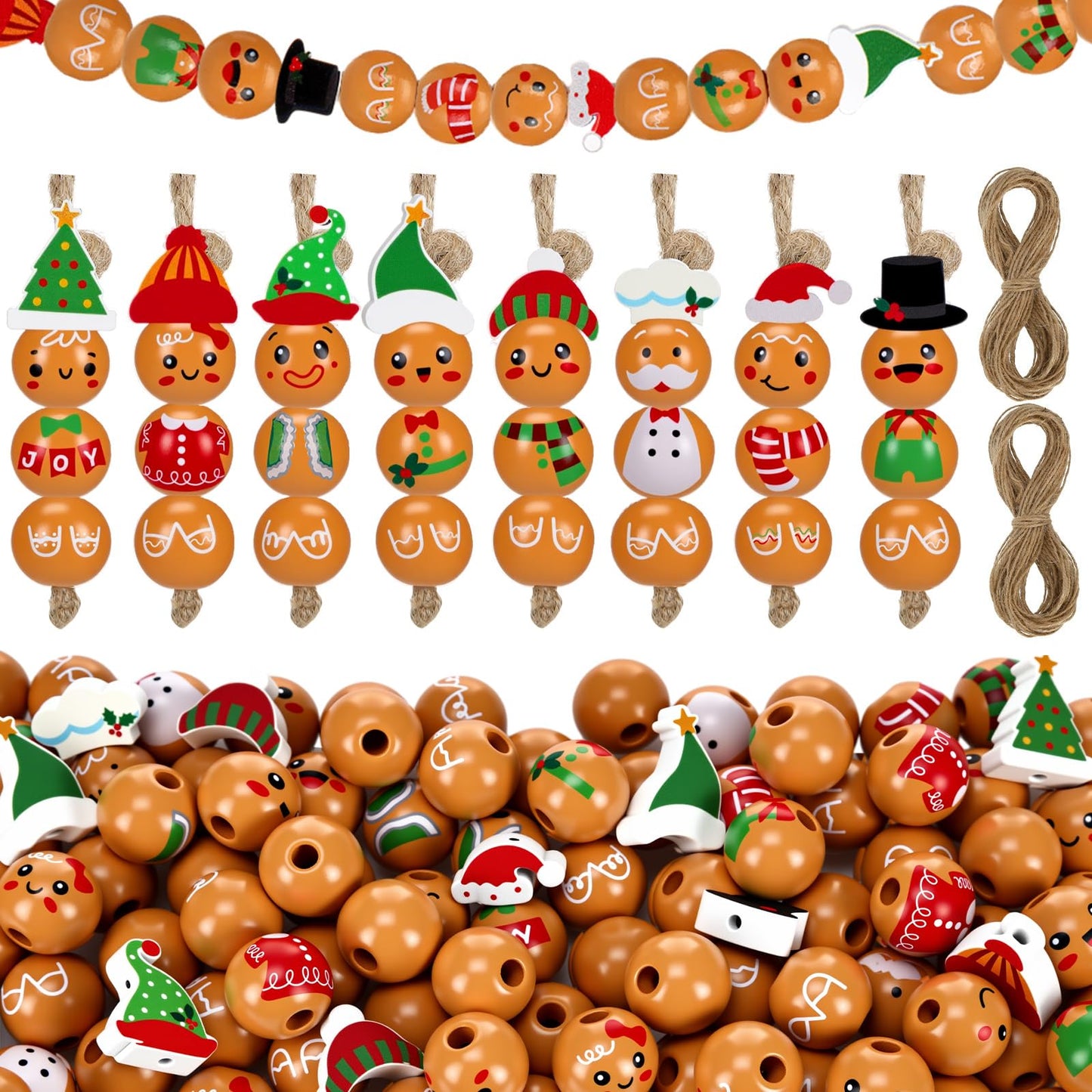 Geelin 300 Pcs Christmas Wood Beads with Twine - Santa Gingerbread Snowman Winter Animals Wooden Round Bead for Hanging Ornaments DIY Crafts Garland Holiday Tree Decor(Gingerbread Man)