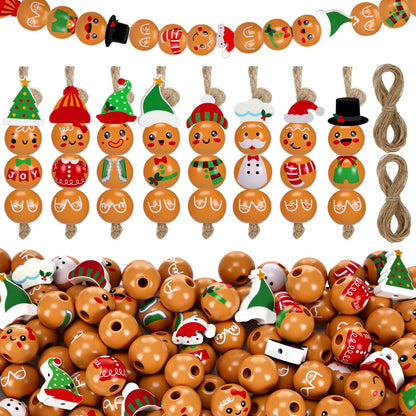 Geelin 300 Pcs Christmas Wood Beads with Twine - Santa Gingerbread Snowman Winter Animals Wooden Round Bead for Hanging Ornaments DIY Crafts Garland Holiday Tree Decor(Gingerbread Man)