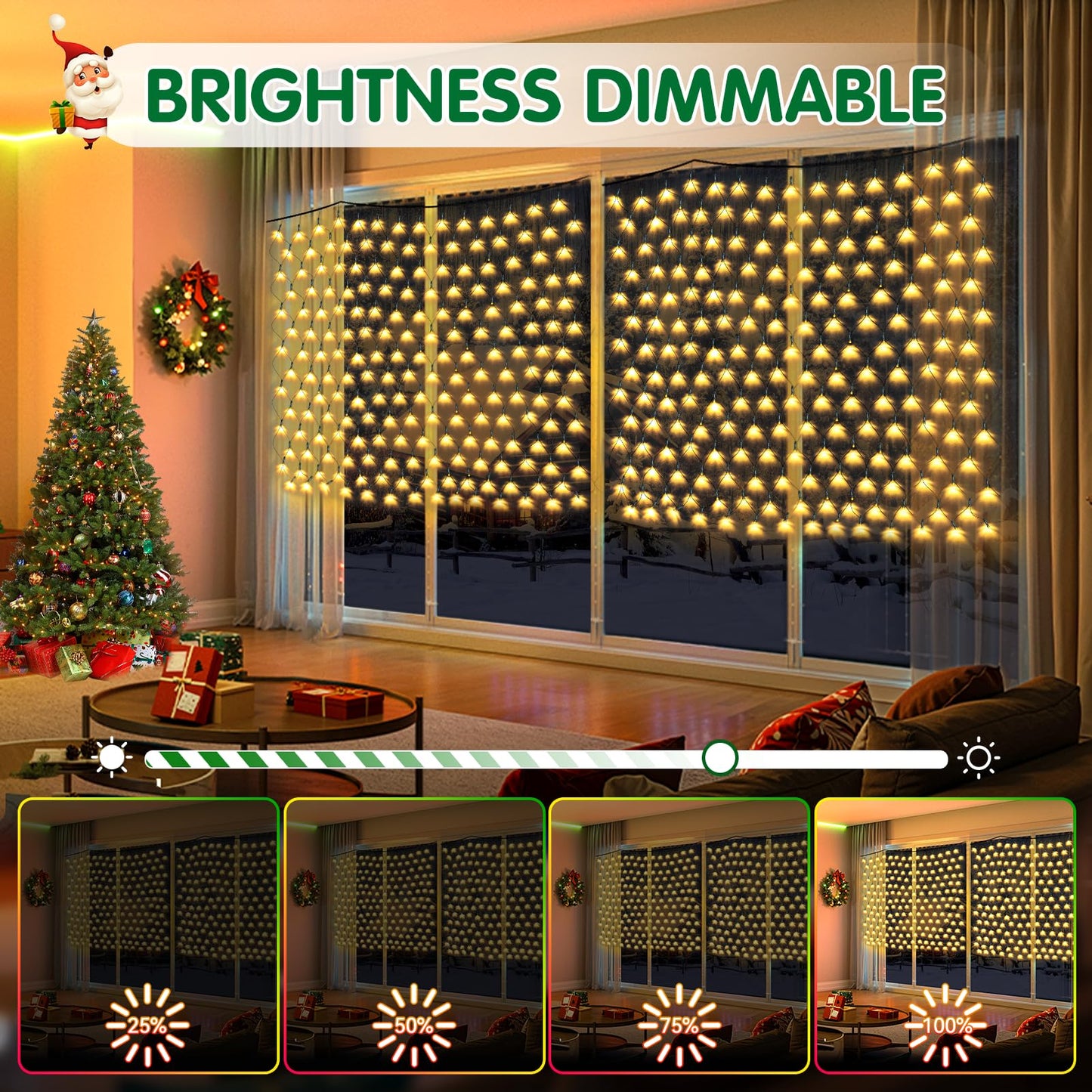 Hezbjiti Christmas Net Lights Outdoor 200 LED 6.9FT x 5.4FT Green Wire with 8 Modes, Connectable Plug in Waterproof, Timer Memory Function for Xmas Tree Bushes Porch Lawn Windows Decor（Warm White）