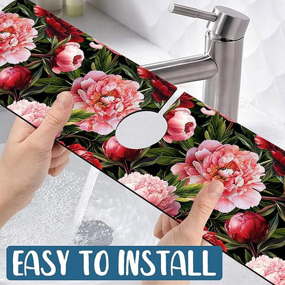 Blooming Peony Sink Splash Guard Pink Peony Flowers Faucet Absorbing Mat Fast