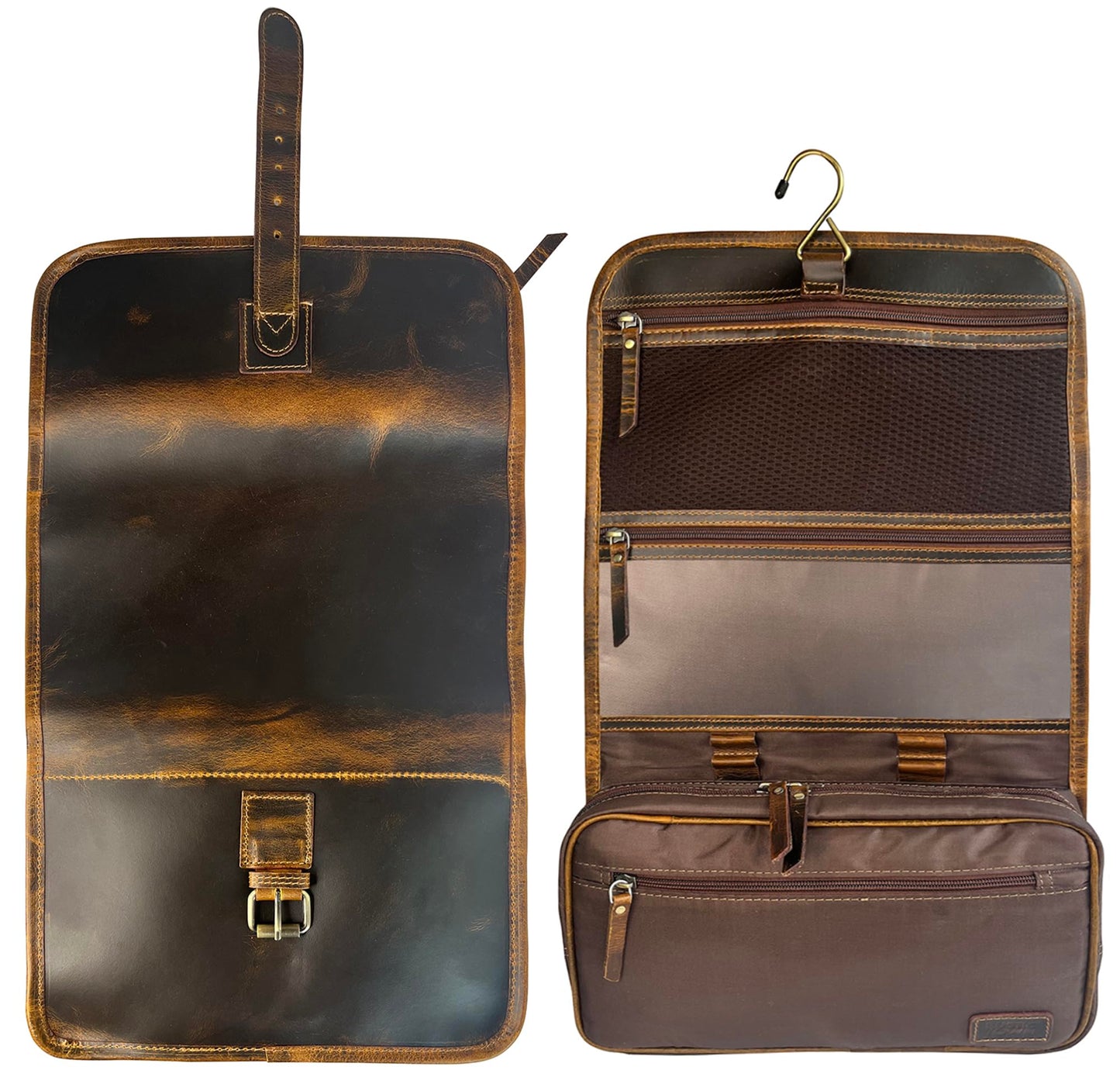 RUSTIC TOWN Leather Hanging Toiletry Bag for Men - Travel Shaving Dopp Kit - Bathroom Shower Toiletries Organizer - Leather Cosmetic Makeup Bag for Women