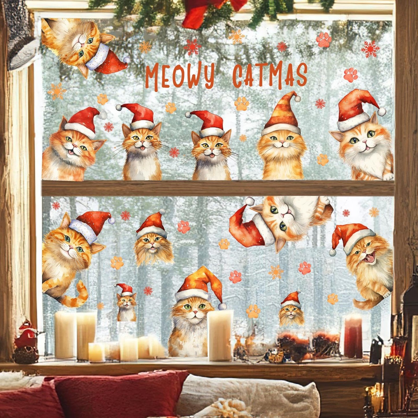 Christmas Window Clings Decoration Indoor Xmas Cat Stickers Double-Sided Merry Christmas Window Decals for Glass Windows Xmas Snowflake Decals for Winter Holiday Kids Bedroom Home Party Supplies
