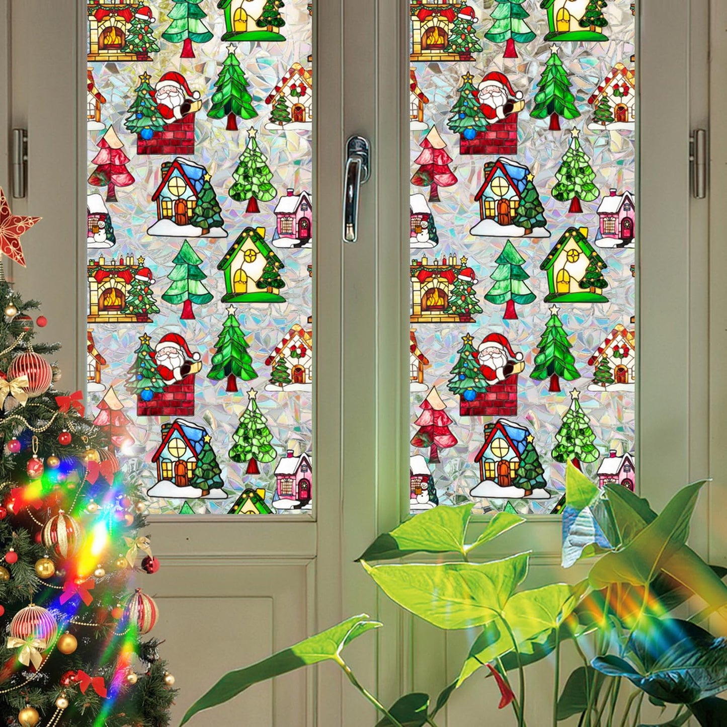 Christmas Tree Window Privacy Film Stained Glass Stickers Christmas Santa Claus Privacy Rainbow Decals Living Room Sun Blocking Decor Xmas Static Cling Stickers for Party Decor 17x 39.3 Inch