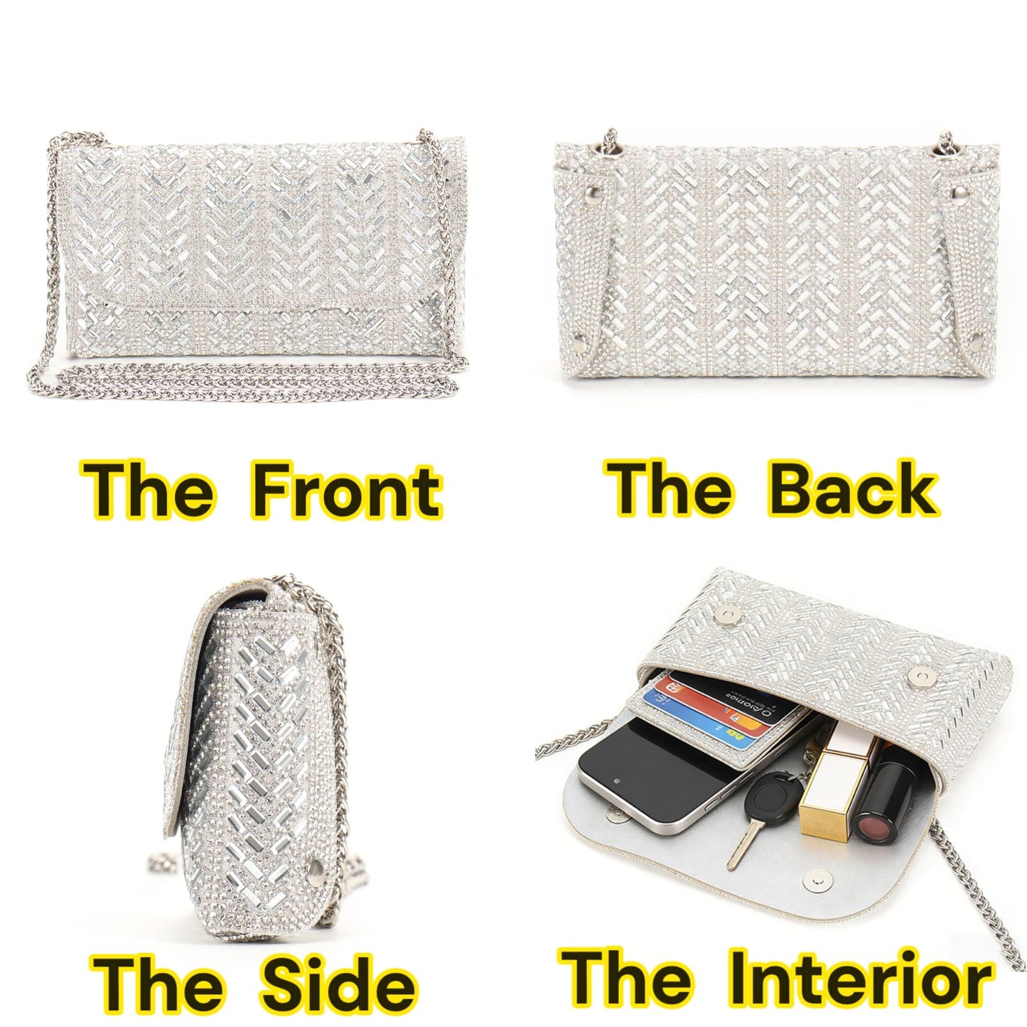 LUKLUKTAISUN 2026 Rhinestones Clutch Purses for Women 3d Evening Bags PU Leather Handbag for Cocktail Prom Party Wedding(Silver)