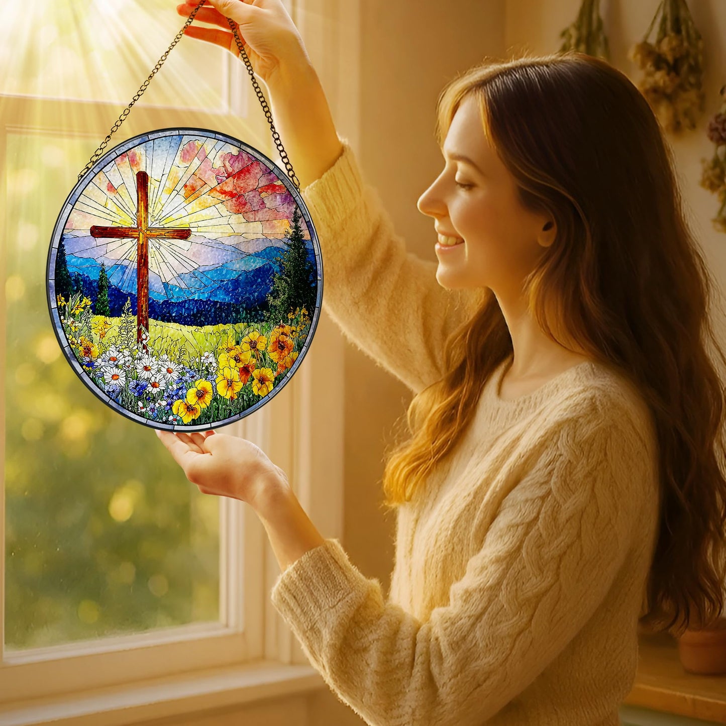 8 Inch Christian Cross Sun Catcher, Stained Glass Window Hanging, Religious Suncatcher for Windows, Sun Catchers Indoor Window, Christian Gifts, Religious Cross Gifts, Faith Home Decor