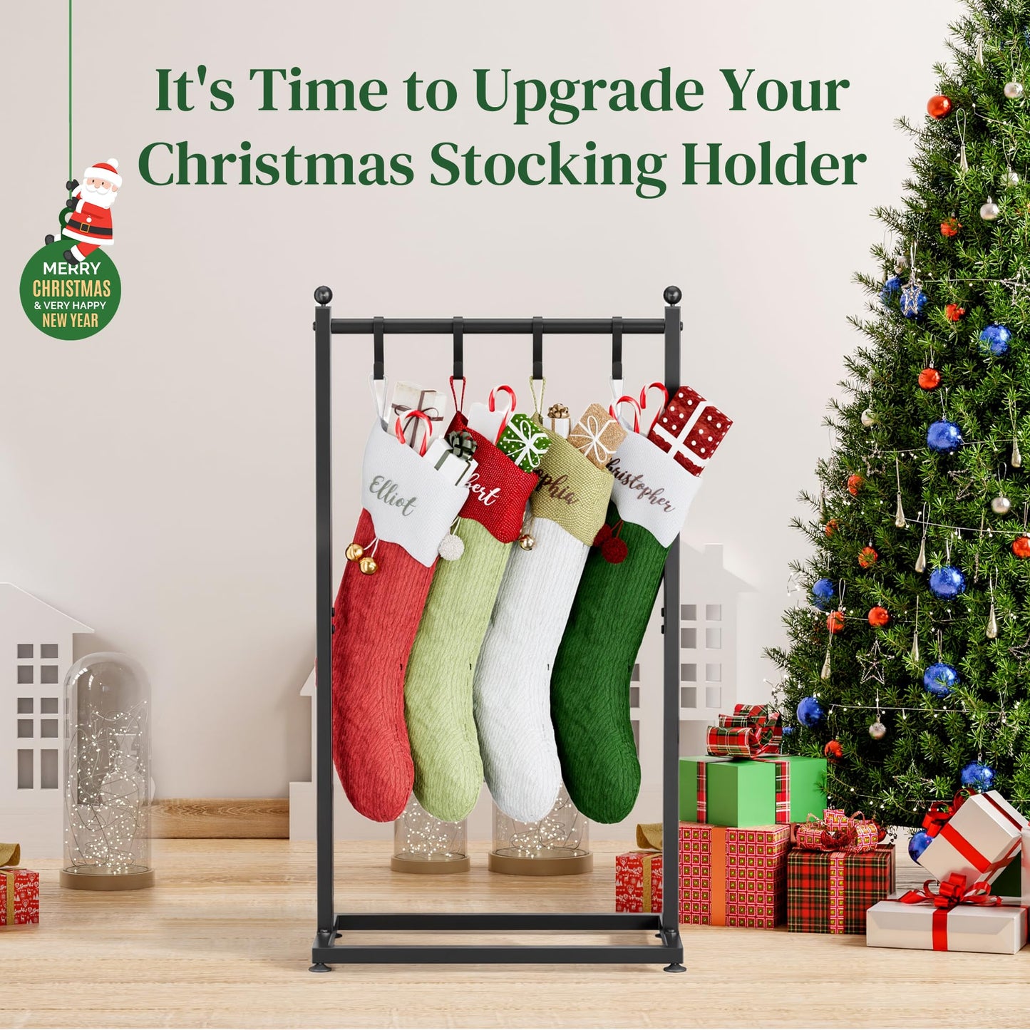 LAND·VOI Christmas Stocking Holder for Floor, Free Standing Metal Stocking Hanger with 4 Removable Hooks, Stable Base & Adjustable Feet, Black