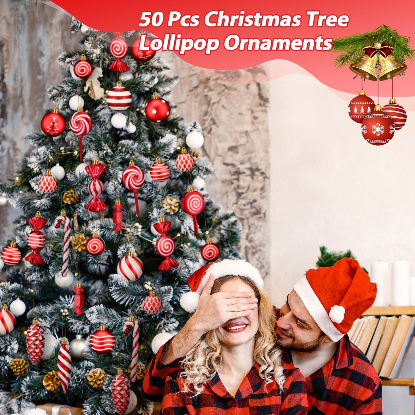 Knitgrip 50 Pcs Christmas Candy Cane Lollipop Ornaments Christmas Peppermint Candy Tree Balls Decorations with Rope Plastic Xmas Hanging Ornaments for Party Decor(Red, White)