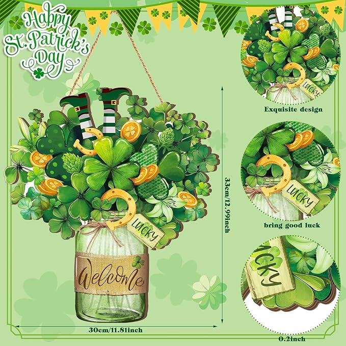 Boao Welcome St. Patrick's Day Door Hanger Shamrock Wooden Hanging Sign Lucky Irish Wood Wreath Decor for Happy St. Patrick's Day Party Front Door Wall Home Decorations