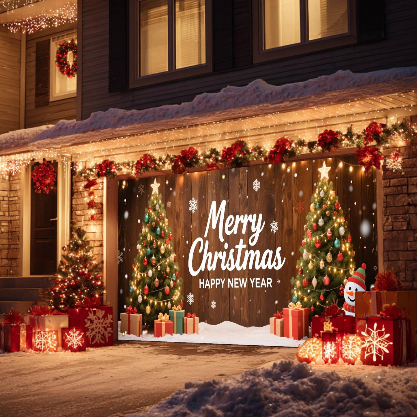 HOMETITUTE Christmas Garage Door Banner 13x6ft Merry Christmas Happy New Year Green Trees Snowman Gift Boxes Holiday Outdoor Indoor Decor Seasonal Party Backdrop