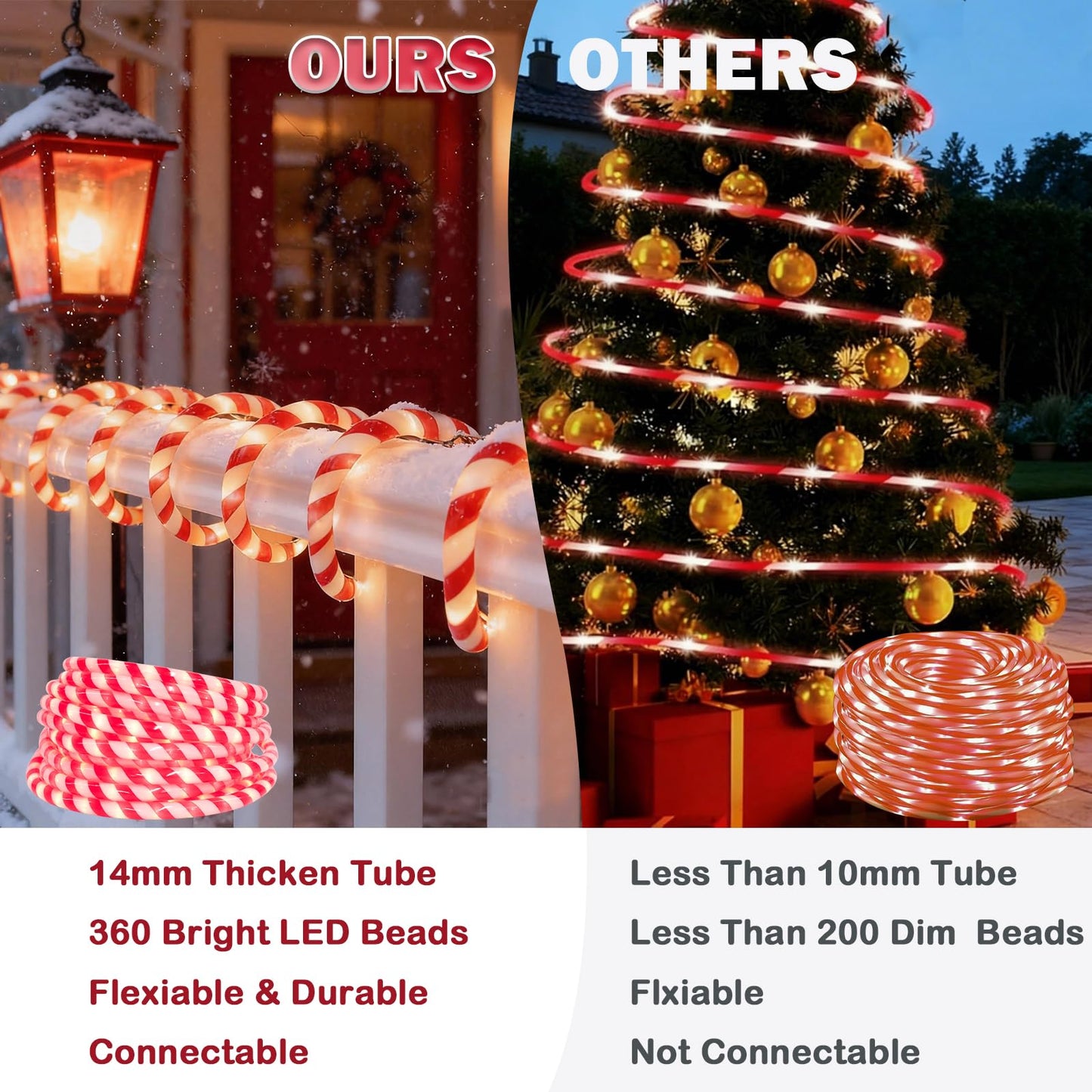 Vigdur Christmas Candy Cane Lights - 30FT 360 LEDs Candy Cane Rope Lights Outdoor Waterproof, Connectable Christmas Rope Lights for Holiday Party Home Patio Indoor Xmas Decorations