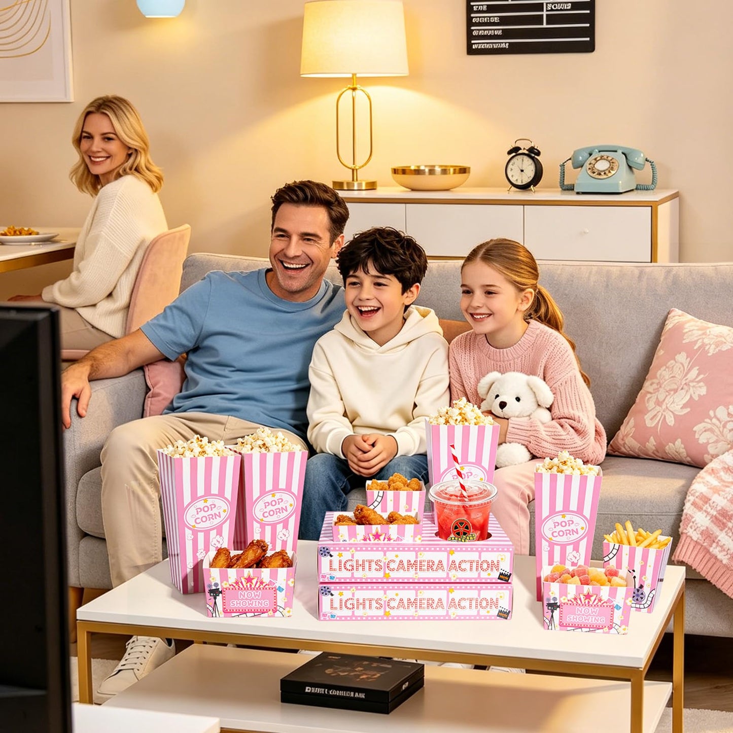 Movie Night Snack Trays, 16 Pcs Movie Night Party Supplies Include Paper Snack Trays Popcorn Holders Snack Boxes for Girls' Night Birthday Party Home Theater- Serve 4