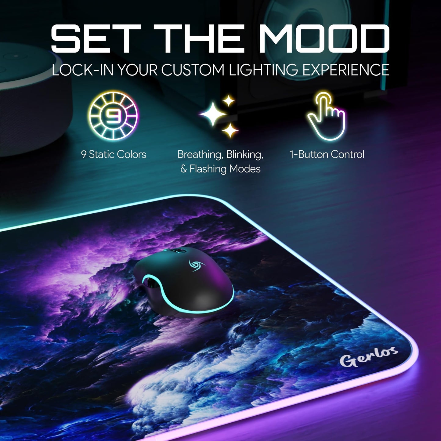 Gerlos RGB Gaming Mouse Pad, Large Extended LED Desk Mat with 12 Light Modes, Non-Slip Rubber Base, Water-Resistant, 31.5×11.8 Inch