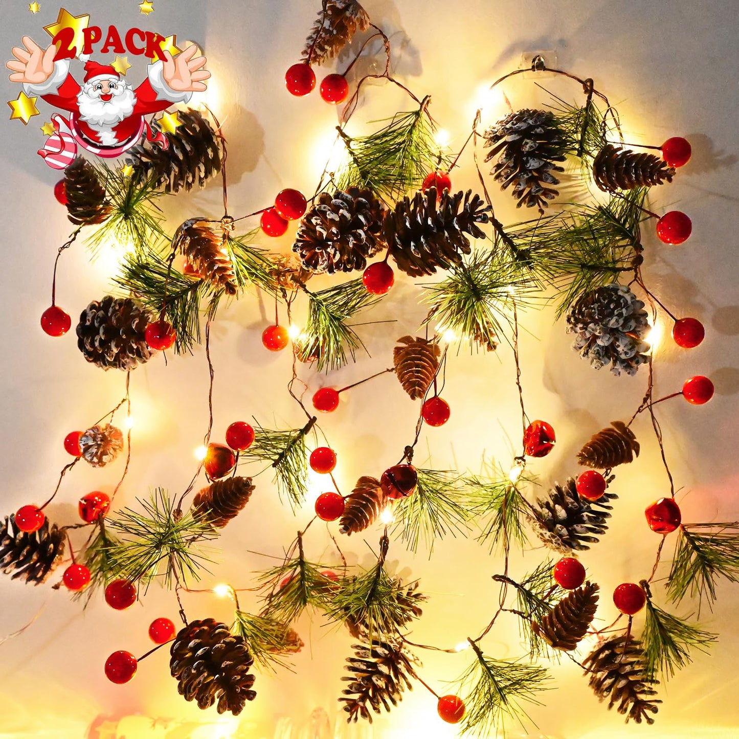 Christmas Pine Garland with Lights 13 Feet 40 LED Battery Operated Garland with Red Berry and Led Lights Xmas Tree Holiday Garlands for Home Windows Fireplace Stairs