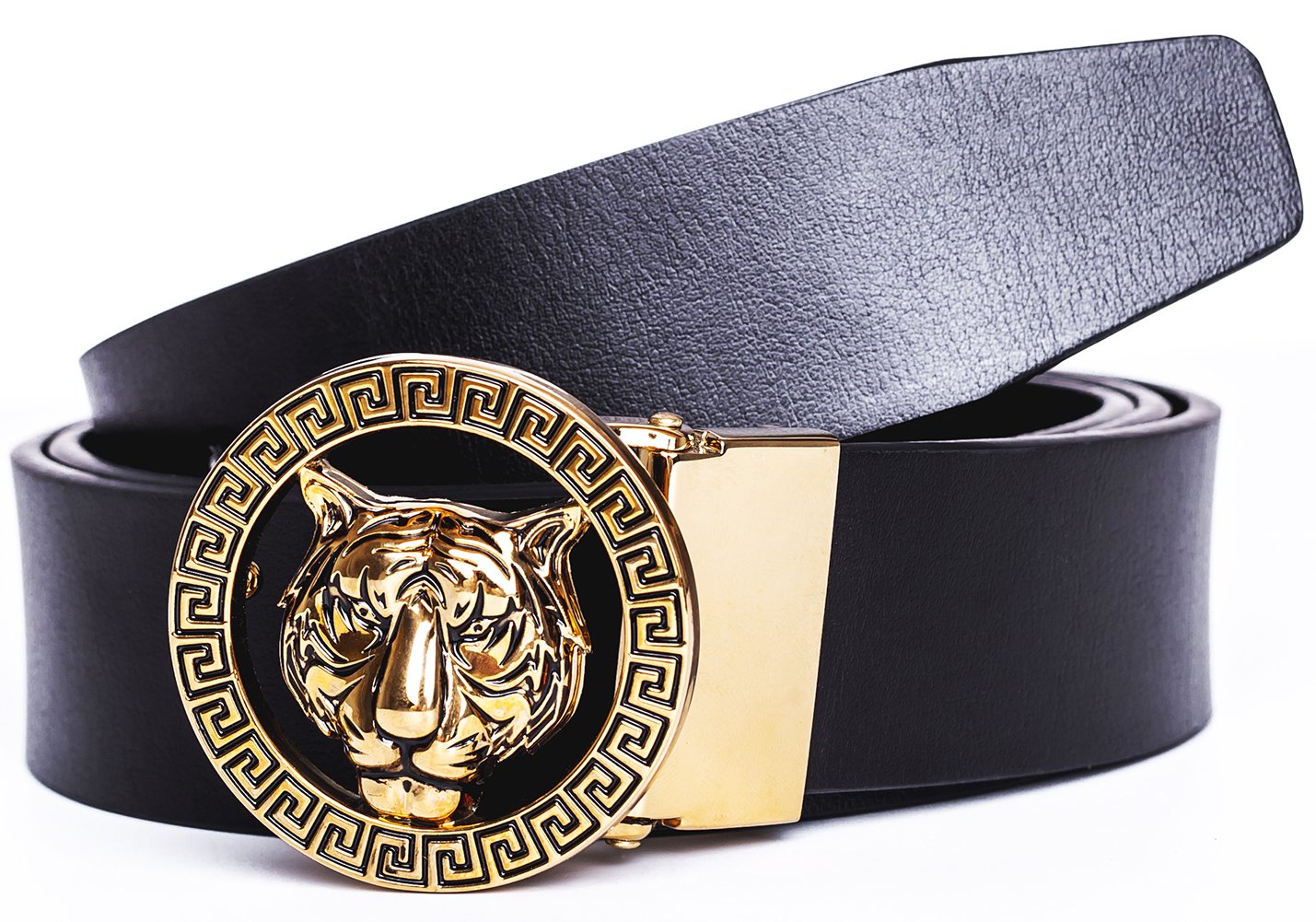 Old John leather Men's Luxury Gold Tiger Buckle 35-mm Italian Leather Belt (105cm/41.3inch(34-36), Black)