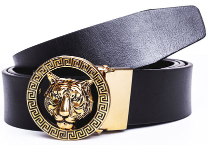 Old John leather Men's Luxury Gold Tiger Buckle 35-mm Italian Leather Belt (105cm/41.3inch(34-36), Black)