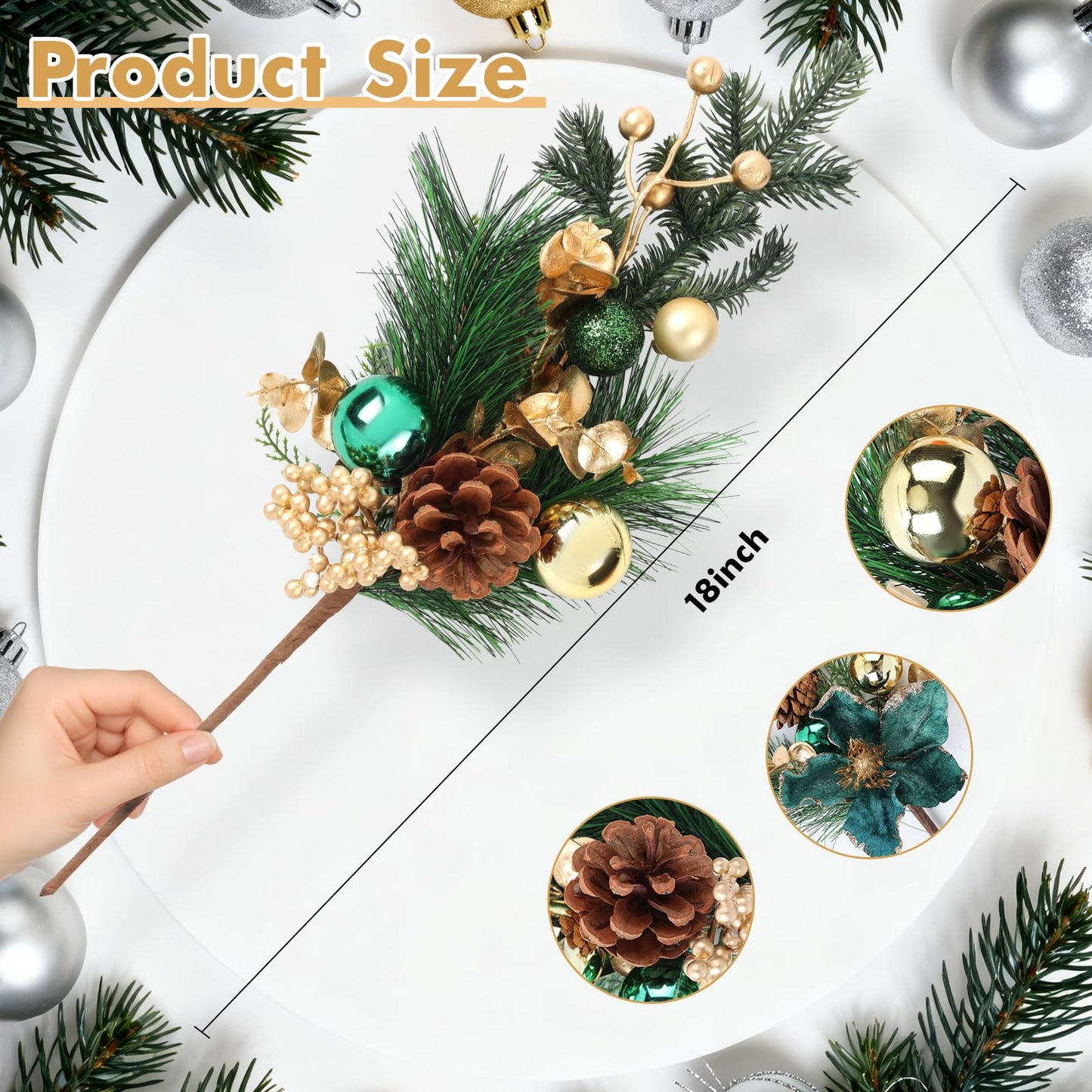 Fiarbrty 18 Inch Christmas Floral Picks and Sprays, 4 Pack Christmas Decorations with Gold Balls, Pinecones, Blue Eucalyptus & Berry Stems for DIY Wreath, Christmas Tree, Mantel, Table Centerpiece