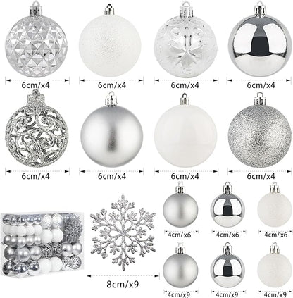 SY CRAFT 86 Pieces of Assorted Shatterproof Christmas Ball Snowflake Ornaments Seasonal Decorative Hanging Ornament Set with Hand-held Gift Package for Xmas Tree Decorations (86PCS, Silver)