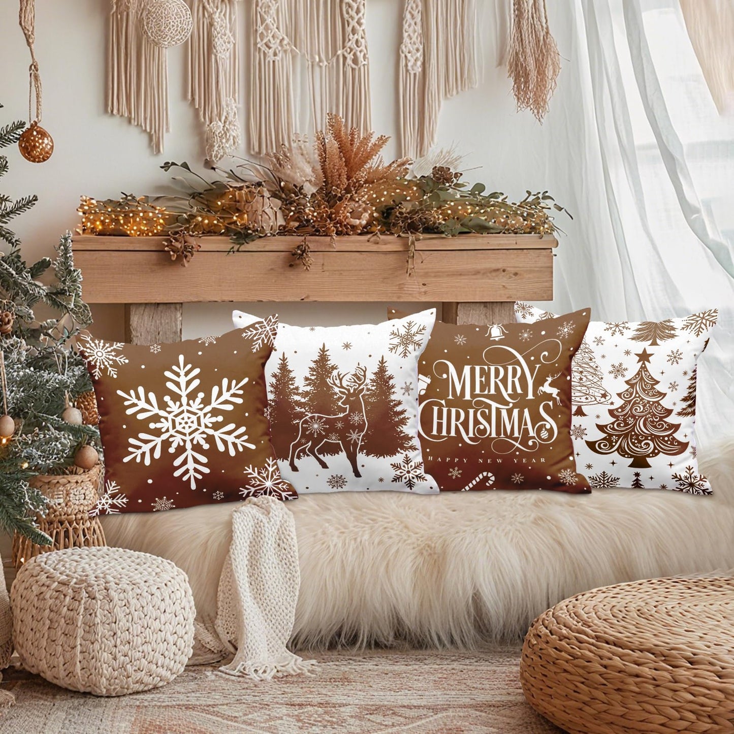 Lanpn Christmas Throw Pillow Covers 18x18 Set of 4, Merry Christmas Winter Xmas Snowflake Decorative Holiday Cushion Pillow Cases 18 x 18 for Outdoor Indoor Farmhouse Home Room Couch Decor (Brown)