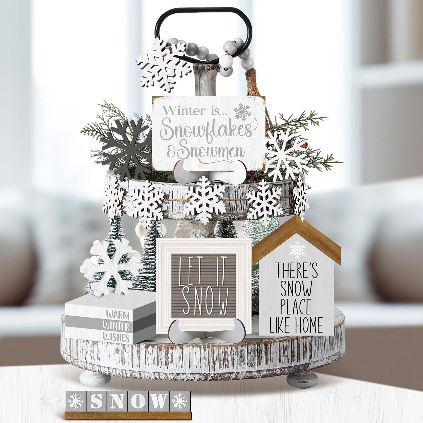 GlikCeil 19 Pcs Winter Tiered Tray Decor Snowflakes Wood Rustic Decoration Tiered Sign Table Centerpieces Without Tray for Tabletop Shelf Winter Xmas Home Party Gifts(Farmhouse)