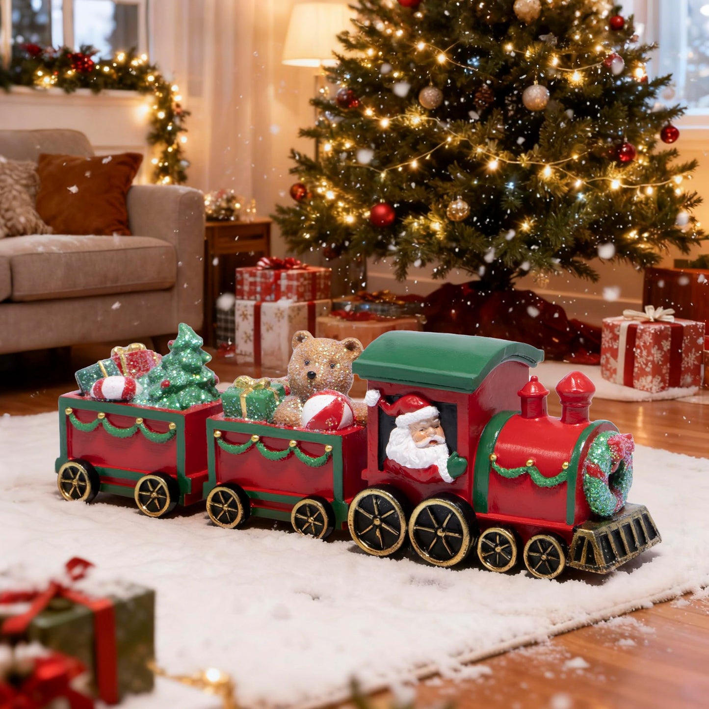 Hodao Christmas Train Decorations – Hand-Painted Resin Santa Claus Gift Train with Teddy Bear, Christmas Tree and Presents, Festive Ornament for Home, Tabletop, Shelf, Mantel, Décor