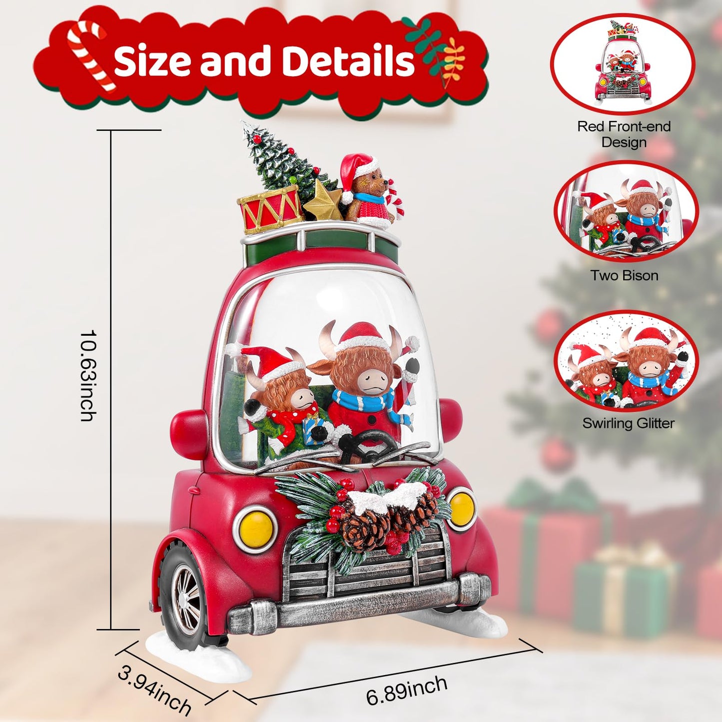 Christmas Snow Globe Lantern with 8 Holiday Music, Christmas Water Snow Globe USB/Battery Powered 6H Timer, Glitter Snowfall Two Bison Scene for Family Friends (Two Bison)