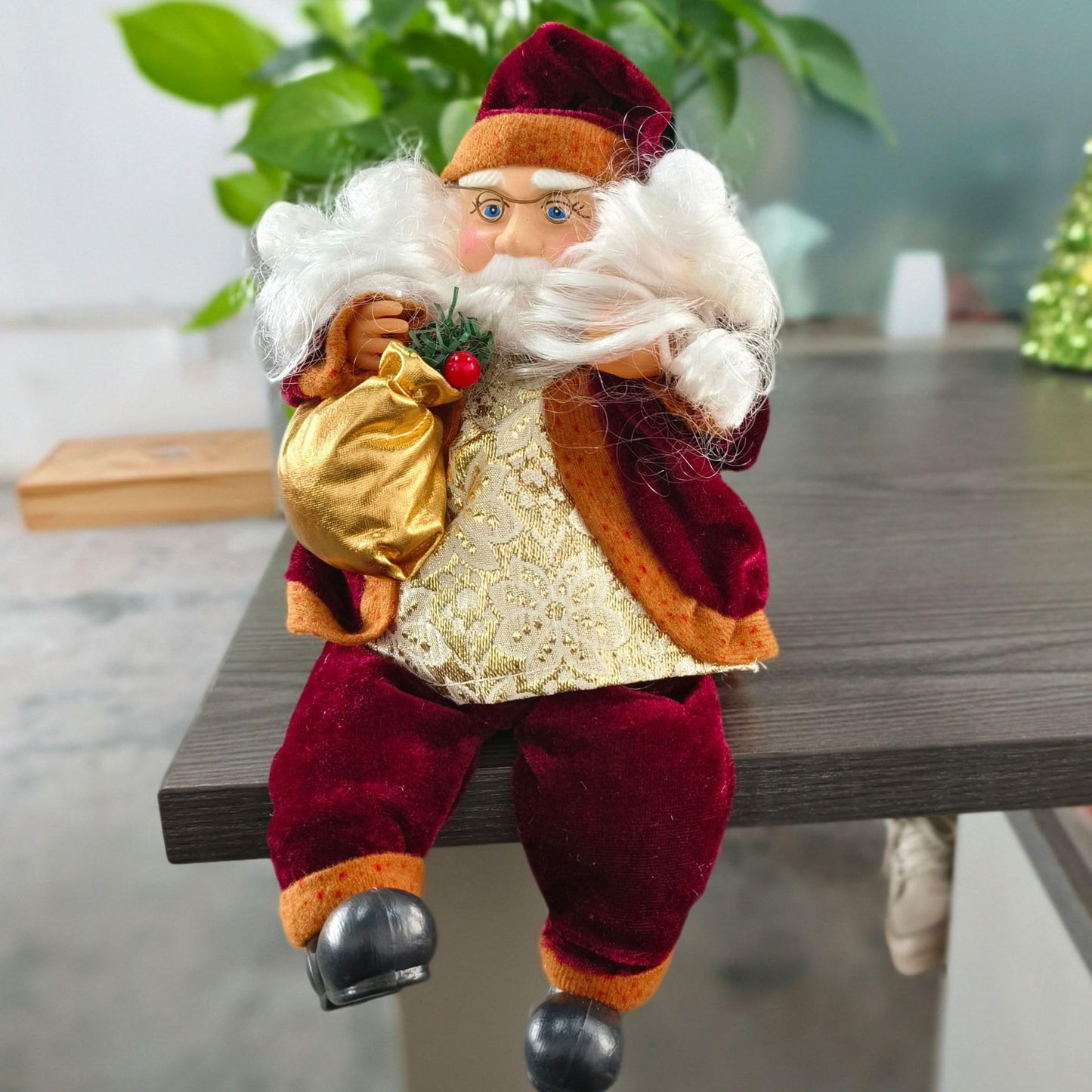 ITODA Christmas Plush Decor Dolls Sitting Shelf Santa Claus Figurine Holiday Xmas Party Flexible Ornaments Stuffed Decor for Home Office Table