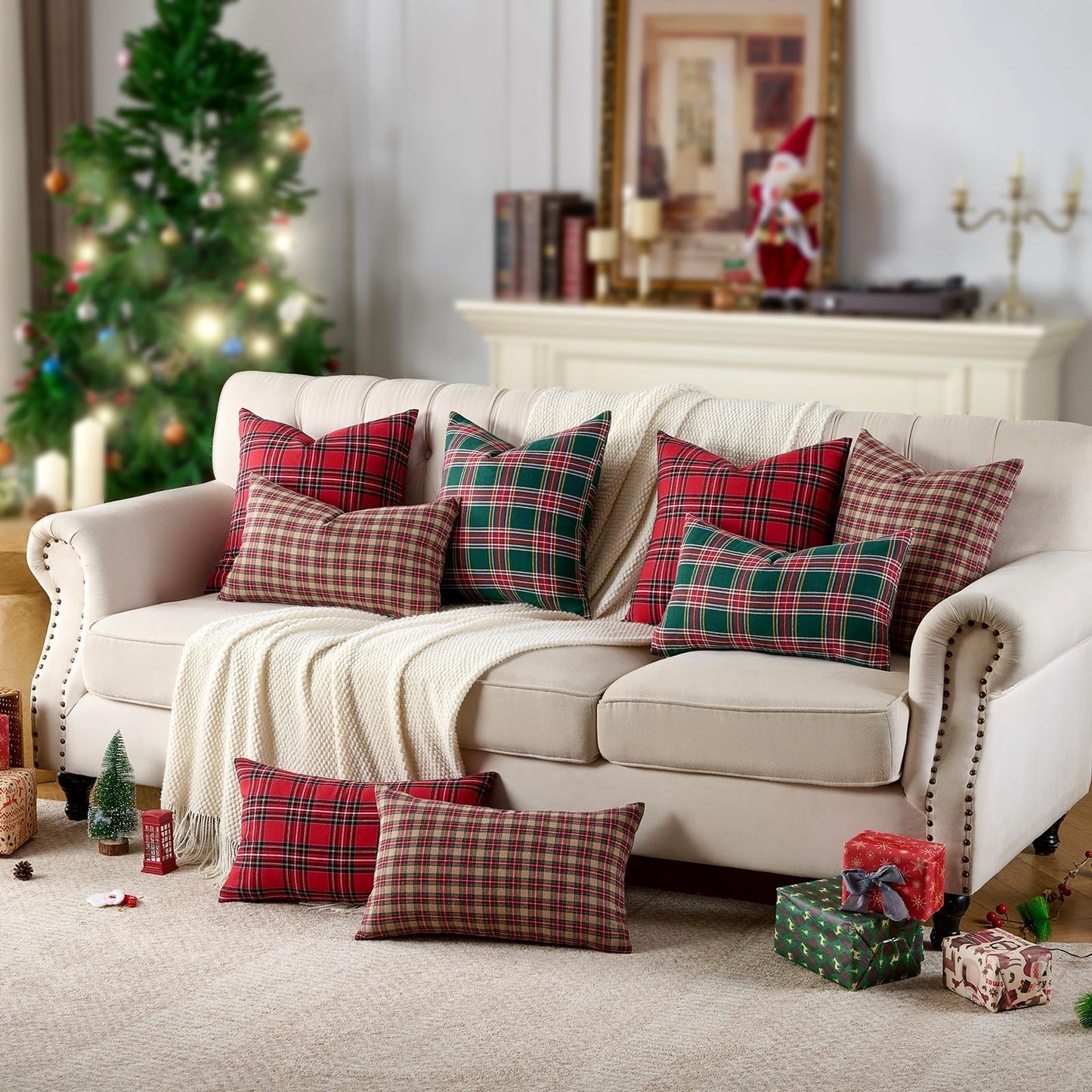 Green Tartan Plaid Christmas Decorative Throw Pillow Covers 18x18 Set of 2, Green Farmhouse Christmas Decor Buffalo Plaid Pillows for Couch & Living Room, Traditional Country Xmas Decorations