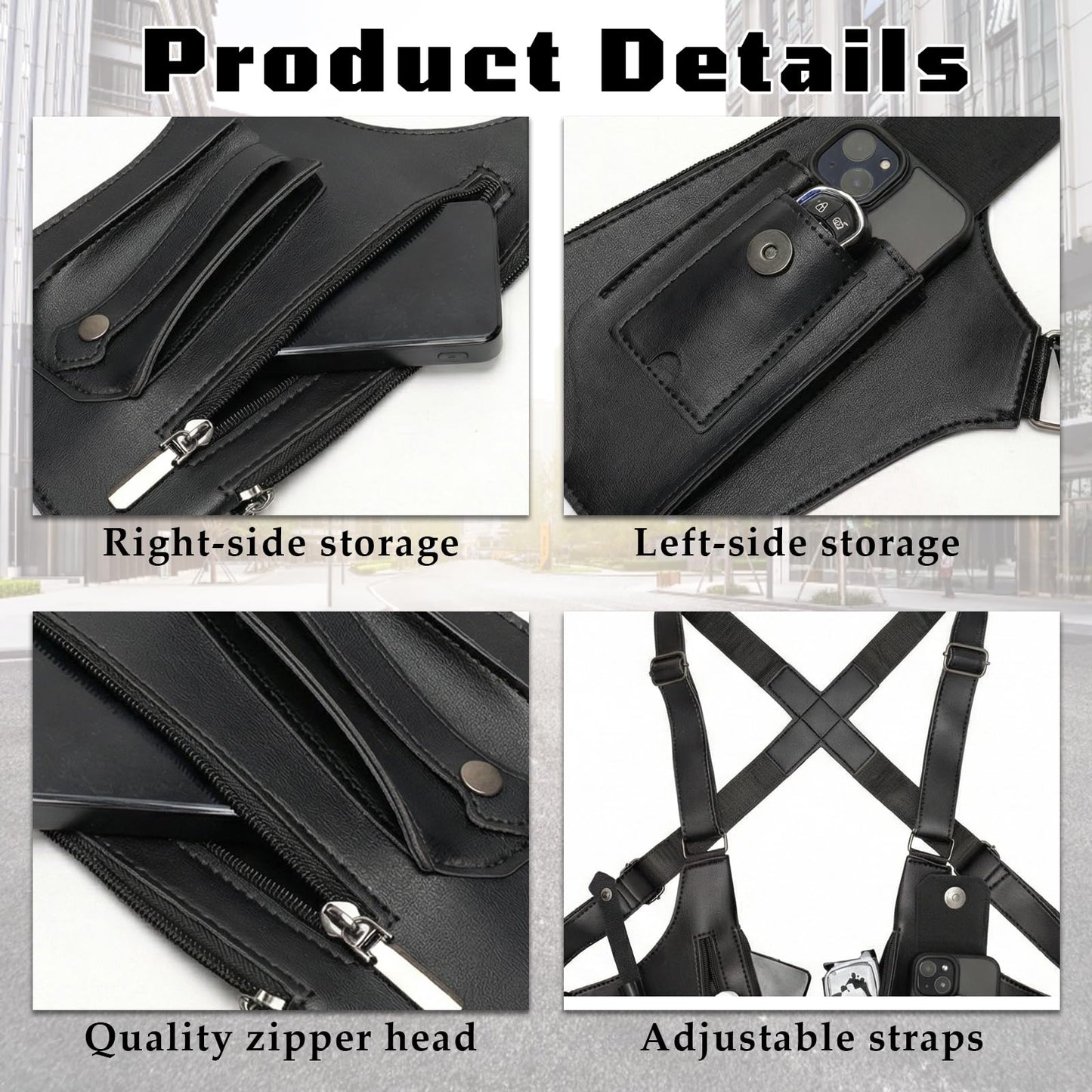 Underarm Shoulder Bag for Men, Leather Double Shoulder Armpit Bag with Adjustable Design & Multi-Pocket, Premium Wallet Holster for Outdoors, Travel (Black)