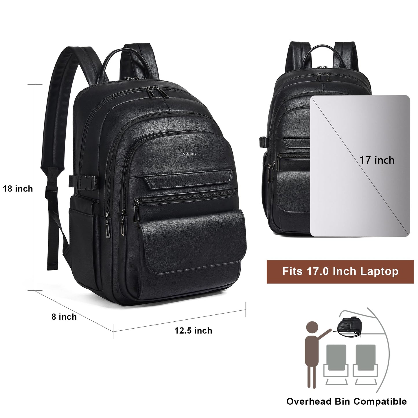 tiamyi Vegan Leather Backpack, TSA Travel Backpack for Men and Women, Fits 17.0 Inch Notebook with Luggage Strap and USB Port, Black
