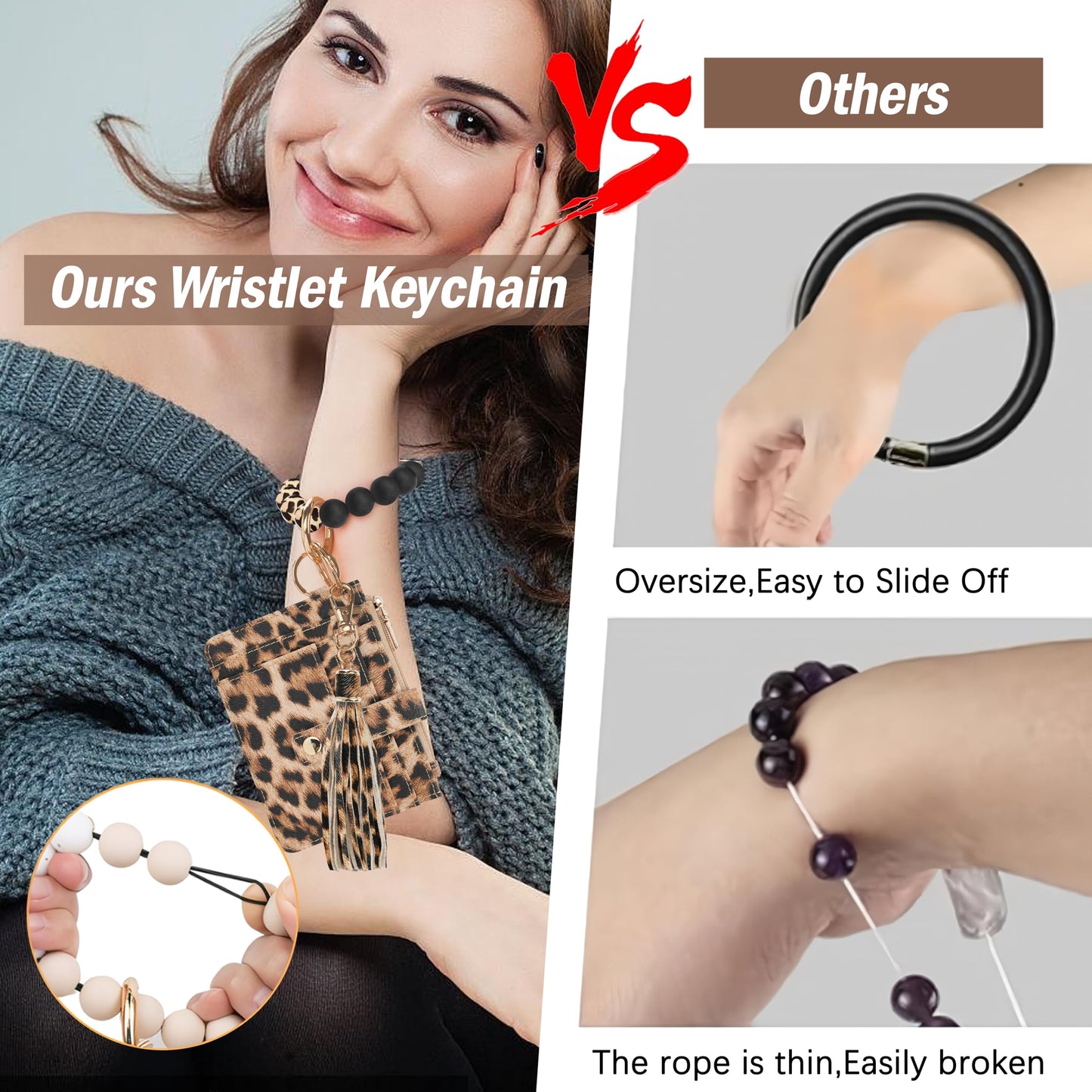 KNGITRYI Wallet Keychain Wristlet for Women,Slim RFID Credit Card Holder Purse Tassel Keychain Bangle Key Ring for Men Women(Leopard)