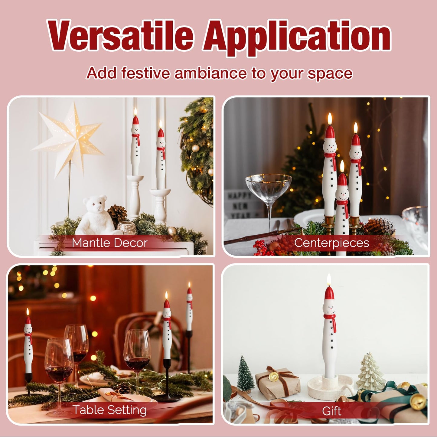 Eywamage Snowman Christmas Flameless Taper Candles with Remote, Flickering Battery LED Wax Candlesticks Set of 4