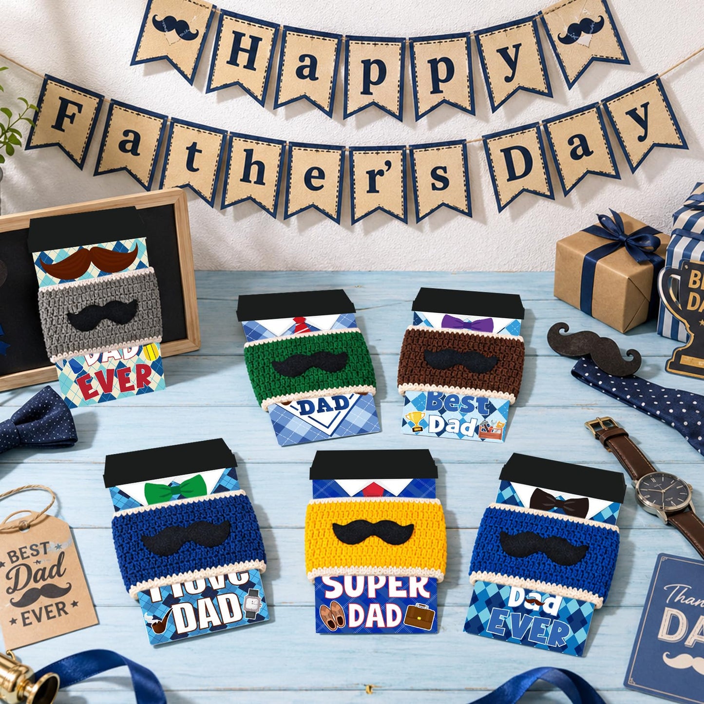 Cinrobiye Crochet Coffee Cup Sleeve Set, Father’s Day Gift Set for Dad and Grandpa, Reusable Knit Mug Cozy Covers 6 Pack with Appreciation Cards, Blue Coffee Cup Holder Gift